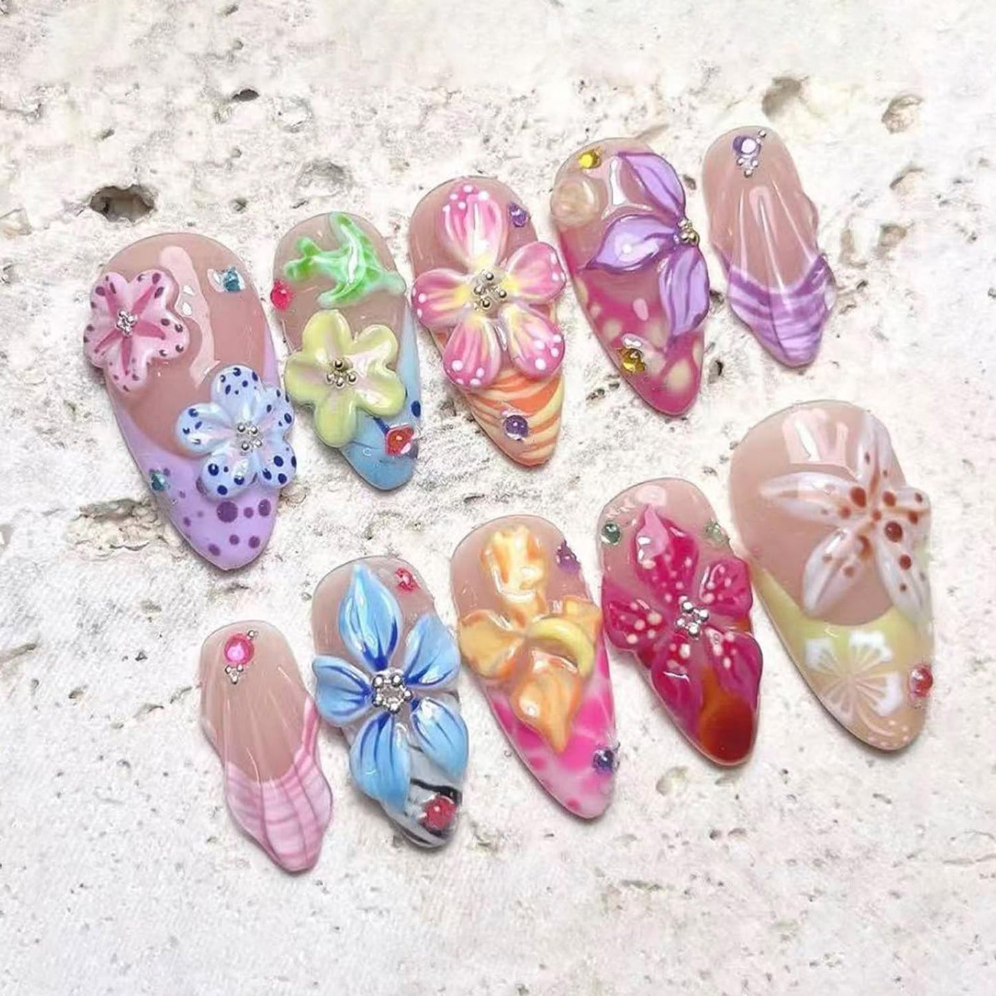 3D Flower Press On Nails - Medium Almond Fake Nails with Colorful Embossed Floral & Rhinestone Design, Glossy Acrylic Glue On Nails for Women, Reusable Full Cover False Nails with Glue Tabs - 30Pcs
