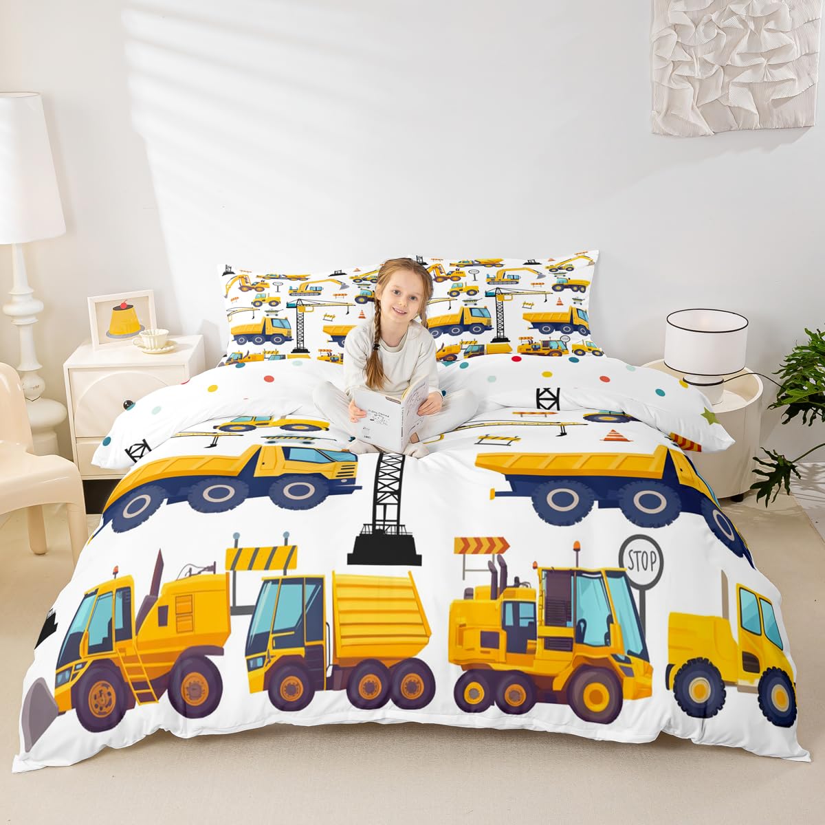 Erosebridal Kids Construction Queen Bedding Sets for Boys,Excavator Trucks Comforter Cover Cartoon Tractor Car Vehicle Toddler Bed Set Yellow Blue (1 Duvet Cover and 2 Pillow Cases)