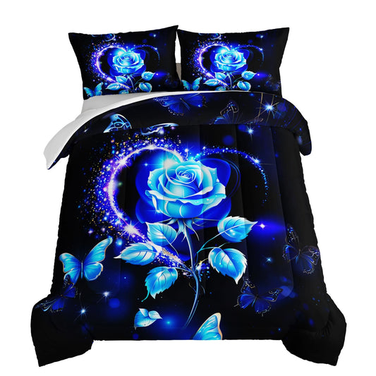 HOSIMA Mystery Blue Rose Comforter Set Full Size,Romantic Rose Floral Bedding Set for Women Girls Room Decor,Love Flash Butterfly Comforter Set Aesthetic Bedding with 2 Pillowcases.