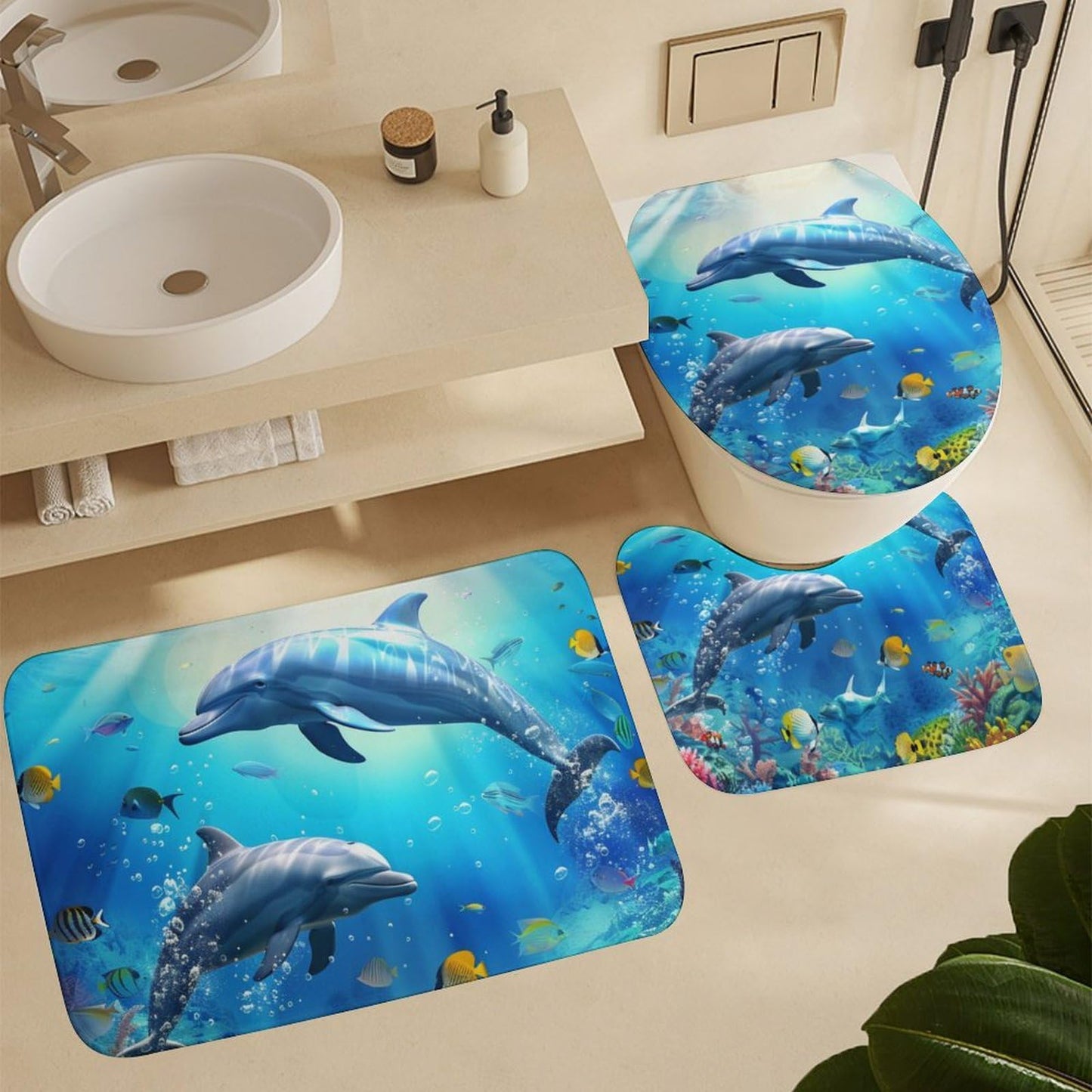 HDESDIS 4Pcs Blue Dolphin Shower Curtain Set, Non-Slip Rug Toilet Lid Cover Bath Mat, Ocean Tropical Fish Coral Reef Bathroom Shower Decor Set Accessory, 72" x 72"