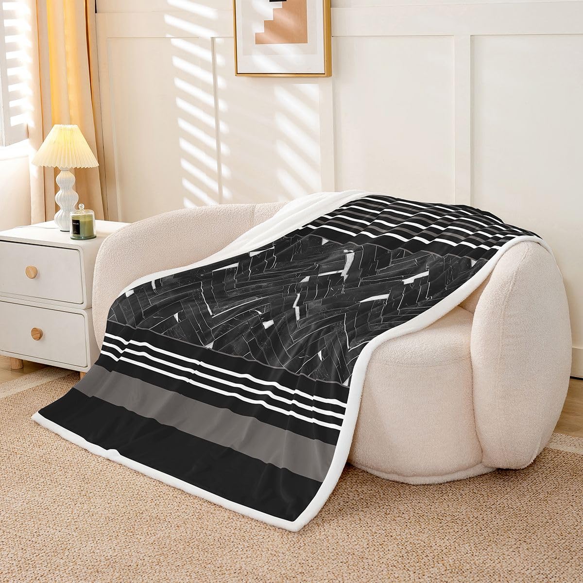 jejeloiu Black Fleece Throw Blanket Baby 30"x40" Kids Stripe Geometric Sherpa Blanket Plush Fuzzy for Bed Couch Chair Living Room, Marble Bed Blanket Room Decor