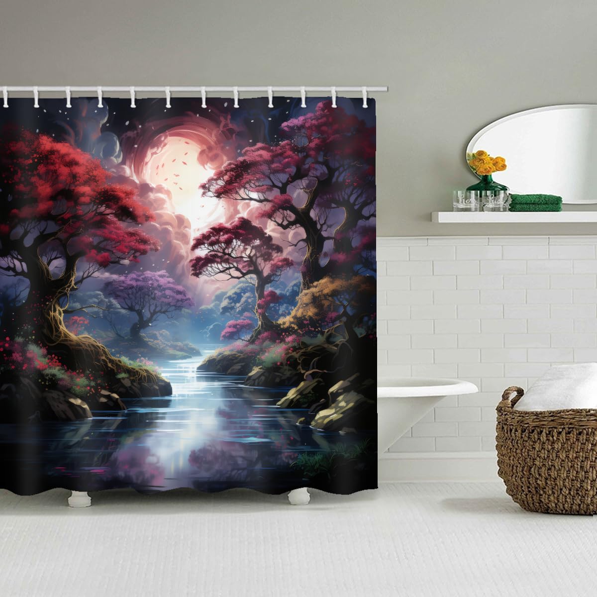LYFANS Shower Curtains, with Forest and River Themed Bright Colors, Brings A Unique Artistic Atmosphere to The Bathroom. The 72x79 Inch Fabric Shower Curtain Comes with 12 Hooks.