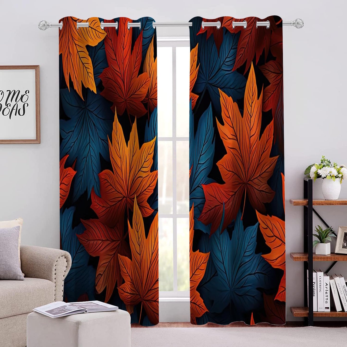 Brown Maple Leaves Blackout Curtains 2 Panels, Simple Plant Texture 3D Printed Drapes with Grommet Darkening Thermal Insulated Window Draperies for Living Room Bedroom(104" W x 63 "L)