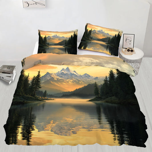 PAISUOQ Landscape Bedding Duvet Covers, Lakes and Mountains Comforter King Size, Sunset Landscape Bedding Sets with Zipper & Ties, 3 Pieces with 2 Pillowcases, Home Decor & Gifts