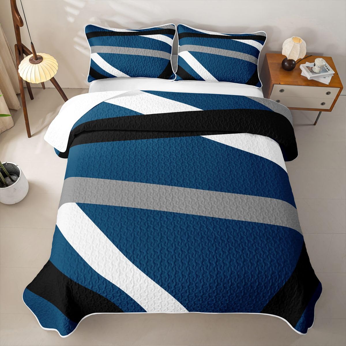 Erosebridal Blue Gray Black Striped Quilt Twin Modern Abstract Quilt Set Geometric Lines Coverlet Aesthetic Boho Quilted Bedspread with 1 Pillowcase