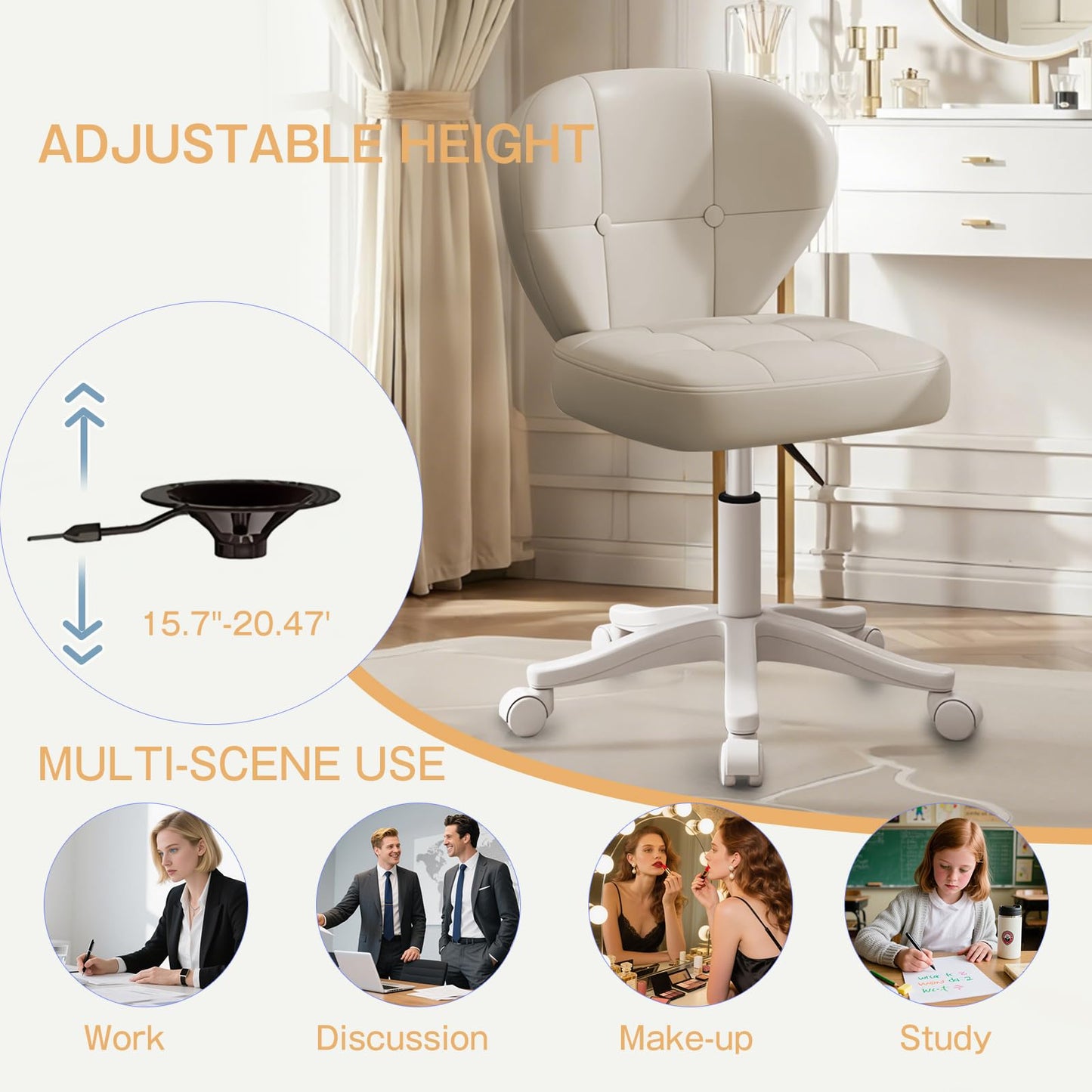 Timbertouch Small Office Chair with Lumbar Support, PU Leather Armless Swivel Desk Chair Adjustable Height, Compact Rolling Chair for Home Office, Bedroom, Study 1White