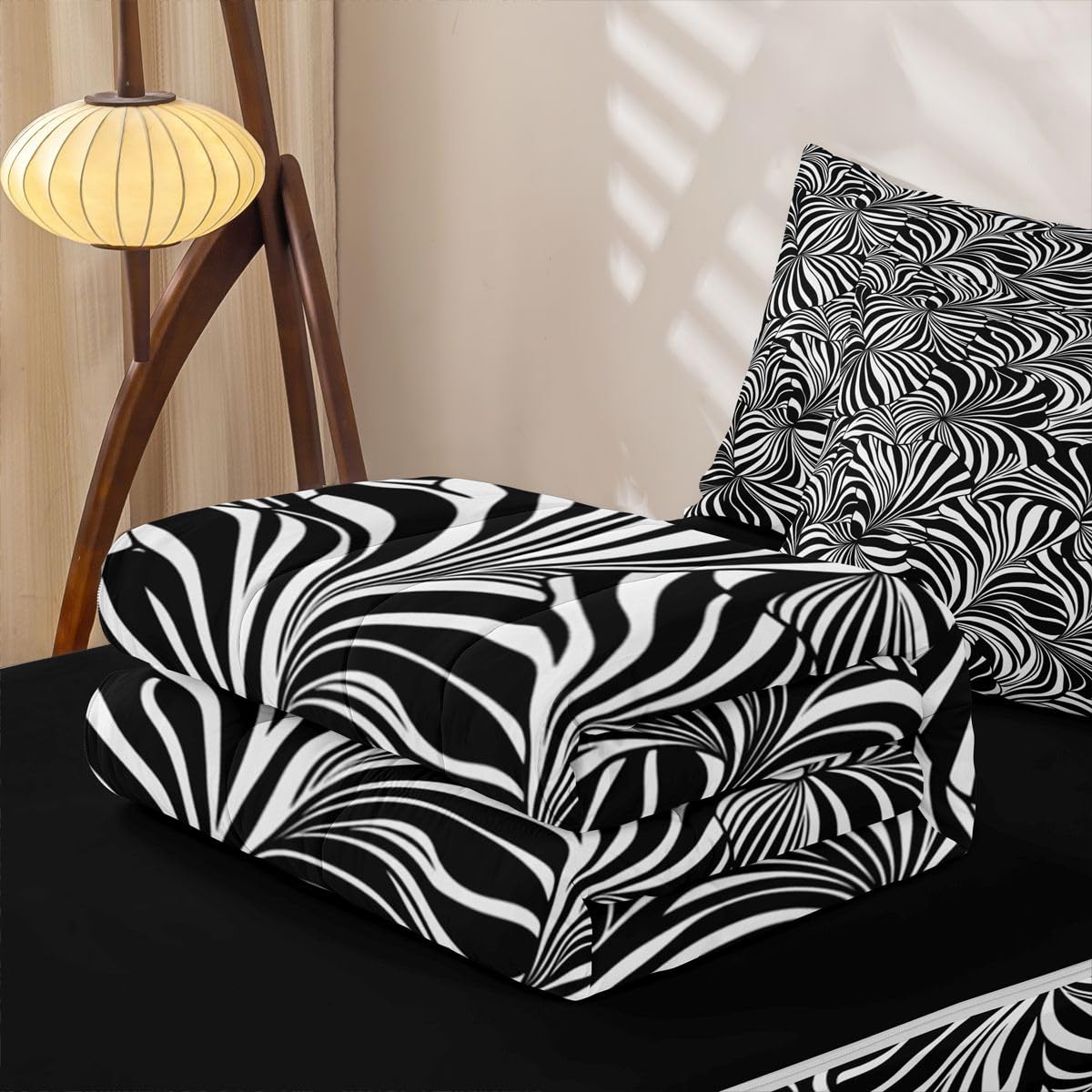 Erosebridal Striped Art Zipper Bedding Abstract Geometric Full Zip Up Comforter Set for Teens Adults White Black Swirl Lines Sheets and Pillowcases Aesthetic Geometric Bedroom Decor