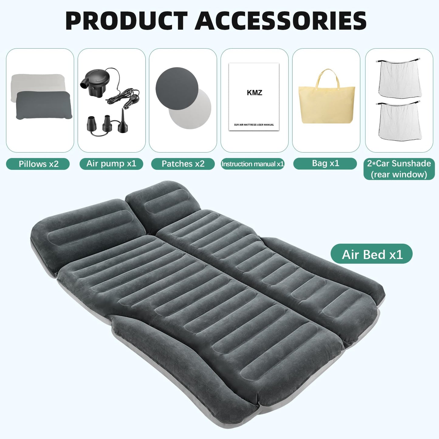 KMZ SUV Air Mattress Double Sided Thickened Flocking Car Bed – Portable Inflatable Mattress Pad for Camping & Travel with 2 Pillows & Electric Pump (Green+Light Gray)