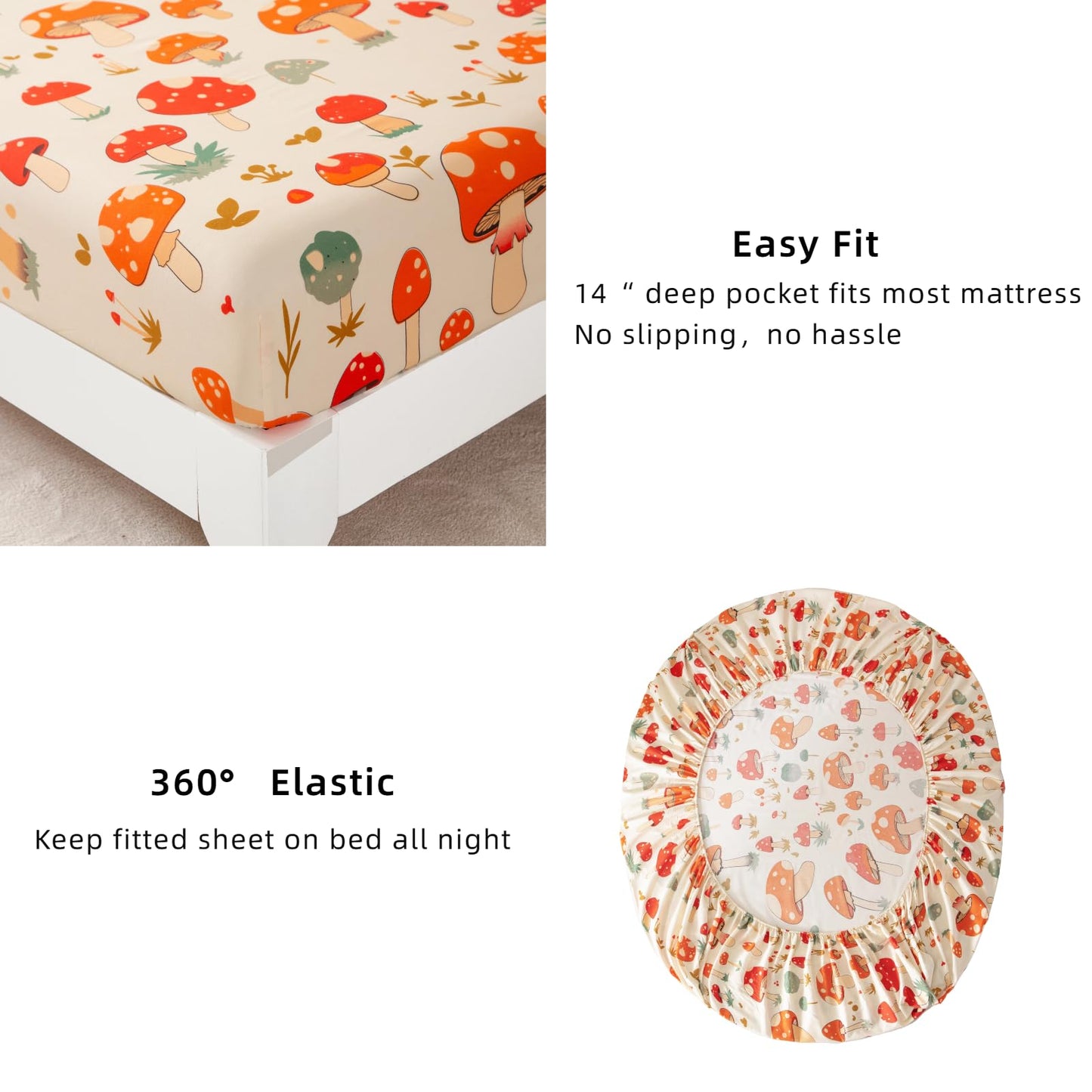 SDY 4 Pieces Mushroom Sheet Set Full Size,Cute Sheets with Mushrooms for Boys, Girls, Kids and Toddler,Bed in A Bag Packaged with 1 FittedSheet+ 1 Top FlatSheet + 2 Pillowcases