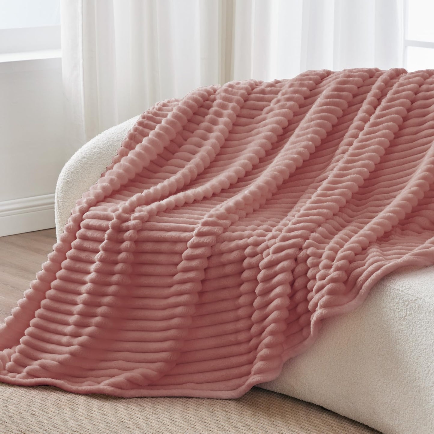 BEDELITE Fleece Throw Blanket for Couch - 300GSM Soft & Warm Fluffy Dusty Pink Blanket, Decorative and Giftable Striped Blankets for Women, Men, 50"x60"