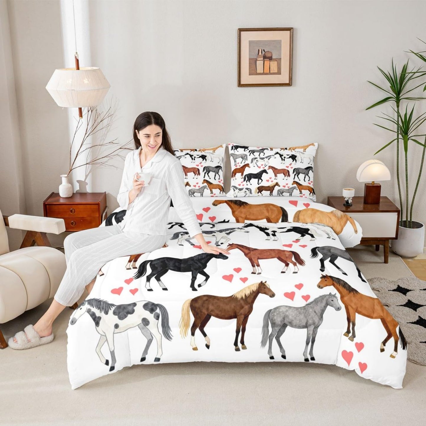 Erosebridal Kawaii Comforter Horse Comforter Set Queen Farm Bedding Set Kids Boys Girls Cute Animal Duvet Set Cartoon Horses with Pink Lover Heart Room Decor Duvet Set Cowboy Cowgirls Comforter Set