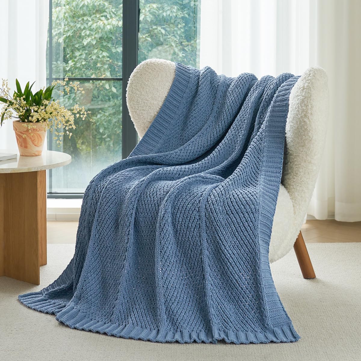 Amélie Home Knit Throw Blanket, Soft Chenille Cozy Breathable Chevron Chunky Decorative Blanket for Couch, Bed & Sofa, French-Inspired Lightweight Warm Gift for Women, Washed Blue, 50"x60"