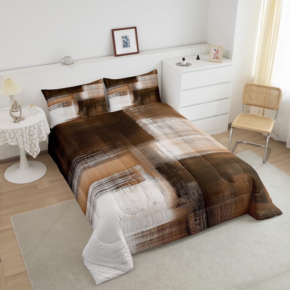 Feelyou Brown Abstract Art Comforter Set for Kids Boys Girls Modern Art Bedding Set Queen Size Abstract Oil Painting Duvet Quilt Geometric Bedroom Decor Breathable Soft Lightweight Microfiber 3Pcs