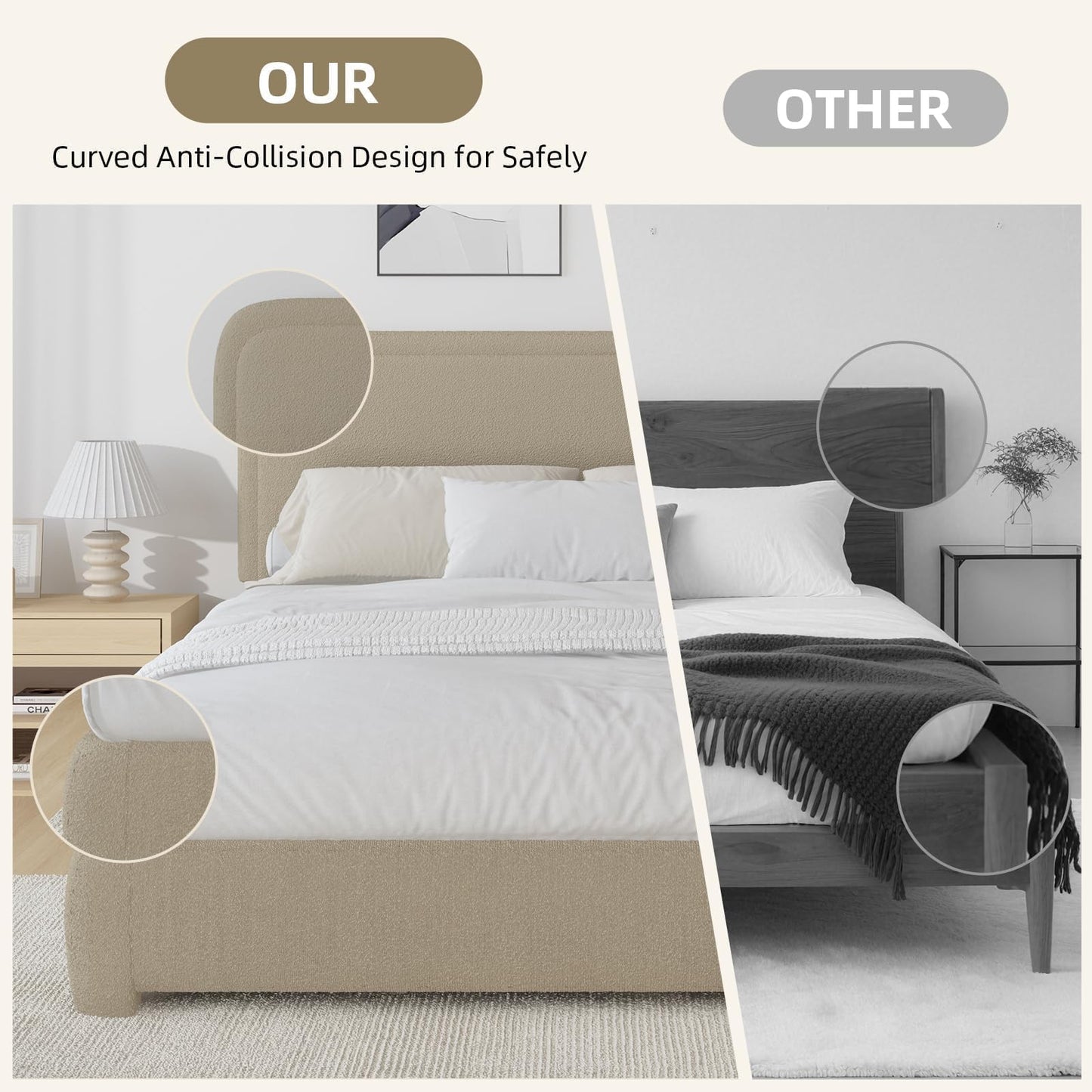 BarnFurin Twin Bed Frames with Headboard,Cloud Boucle Upholstered Platform Bed, Soft Rounded Corners, No Box Spring Needed, Non-Slip and Noise-Free, Easy Assembly, Beige