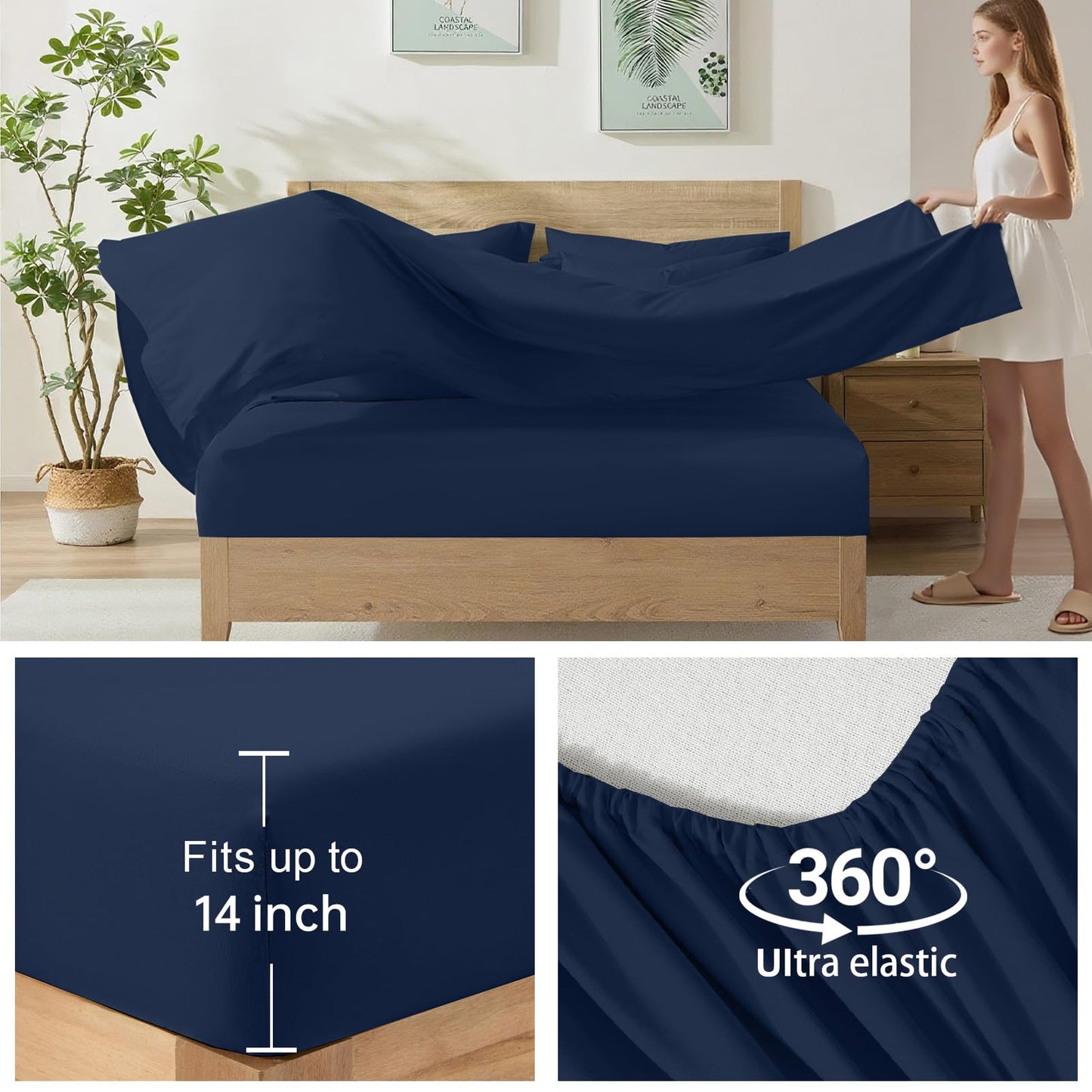 Homelike Moment Queen Comforter Set with Sheets, 7 Piece Navy Comforter Set Queen Size, Full Size Bed in a Bag Lightweight and Machine Washable