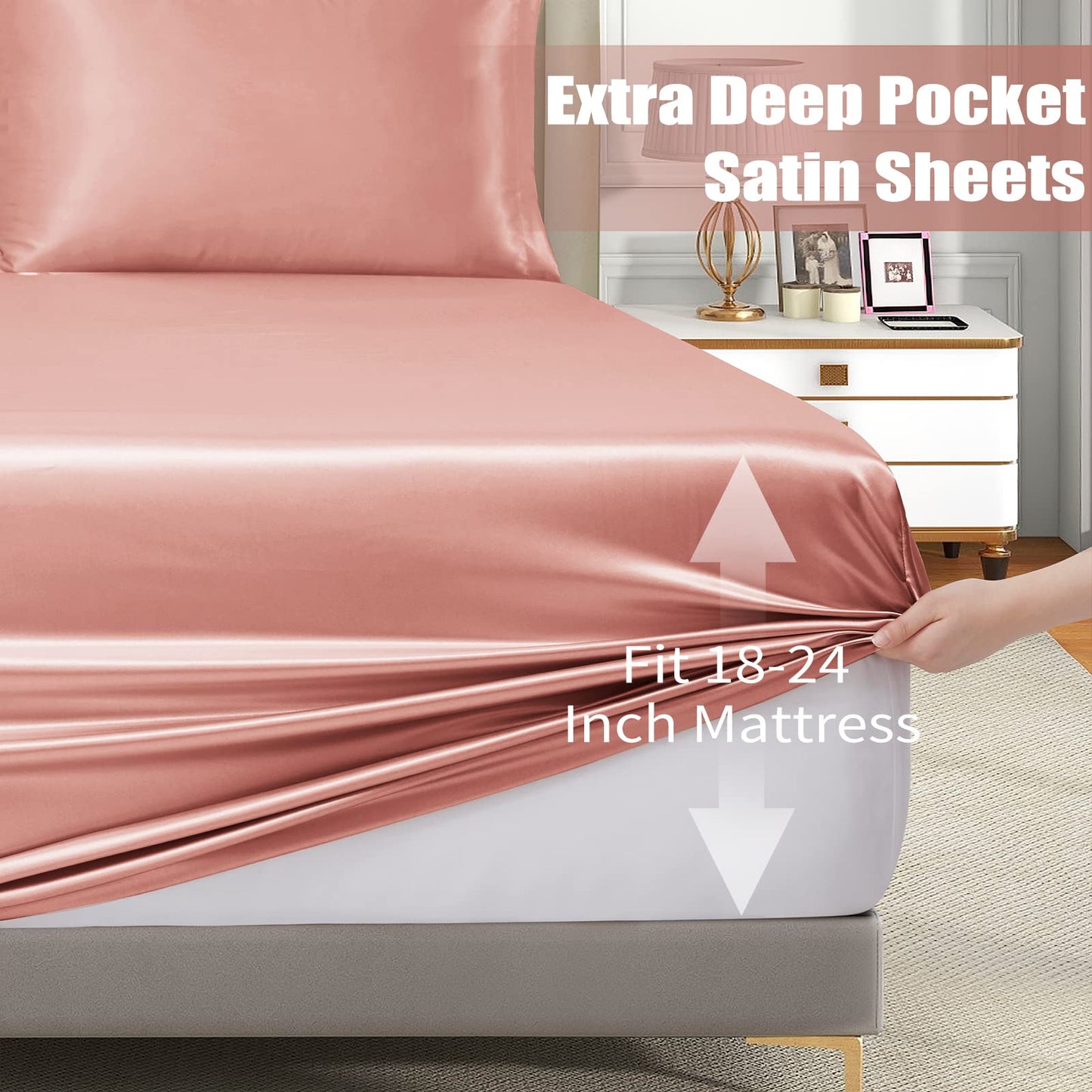 VACVELT 3pcs Extra Deep Pocket Satin Fitted Sheet Set King Bed Set, Rose Gold Bottom Sheet Fit 18-24 Inch Deep Pocket Mattress, Silky Bedding Set Soft & Ultra Deep Fitted Sheet & 2 Pillowcase
