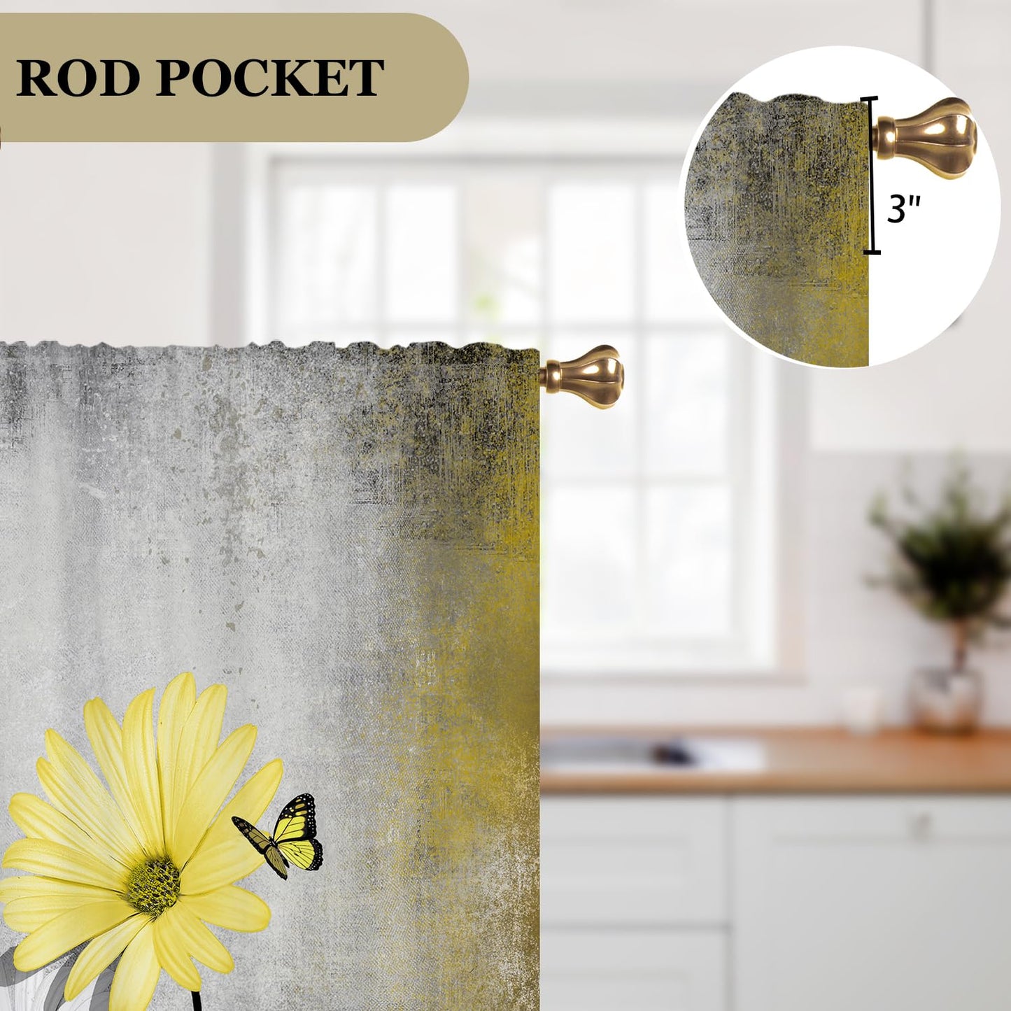 Cizuug Yellow Daisy Rustic Farmhouse Kitchen Curtains Watercolor Floral Flower Small Short Cafe Window Curtains Butterfly Country Bathroom Drapes Treatment Tier Curtains 2 Panels