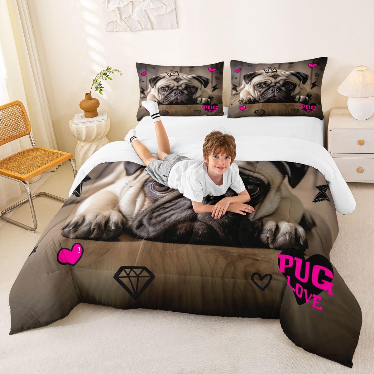Manfei 3D Pug Comforter Set Twin Size Cute Pug Puppy Dog Bedding Set 2pcs for Kids Boys Girls Room Decor, Animal Theme Quilt Set Pink Hearts Lightning Star Print Duvet Set with 1 Pillowcase