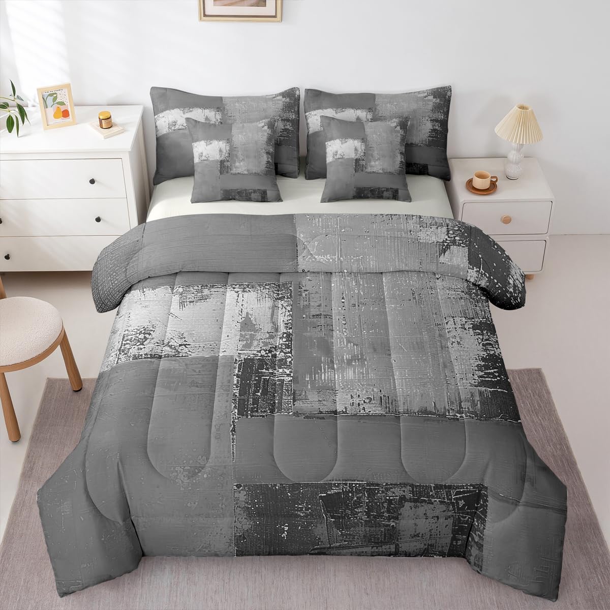 Feelyou Abstract Comforter Set with Sheets 7 Piece King Size Modern Abstract Art Bed in a Bag Kids Boys Girls Luxury Bedding Set Geometric Bedroom Decor Gray Breathable Soft Lightweight Microfiber