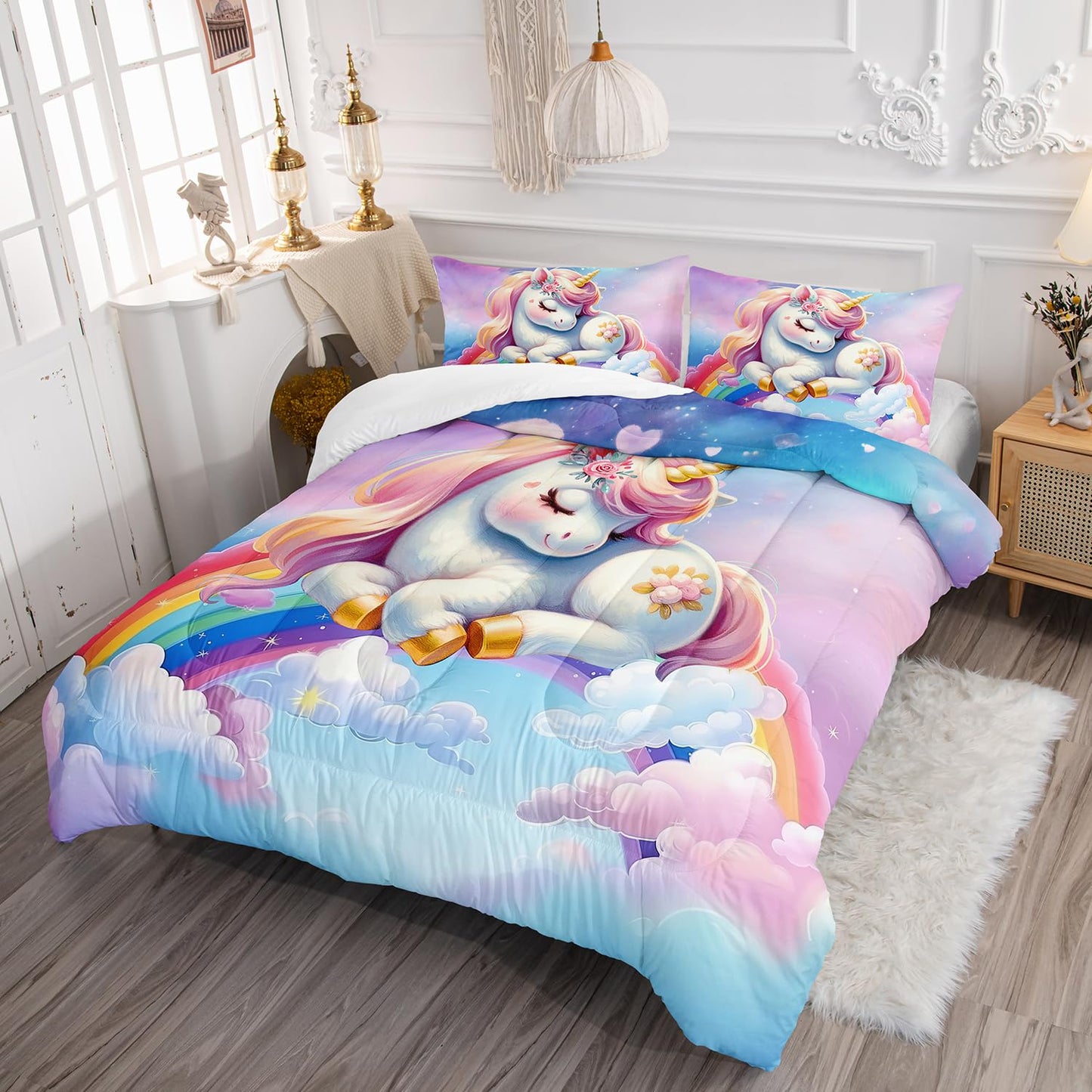 XYNHML Pink Blue Unicorn Comforter 3pcs Full Kids Clouds Rainbow Flowers Quilt Boys Girls Bedding Set Cute Printed Fantasy Room Decor Bed Set with 1 Comforter and 2 Pillowcases