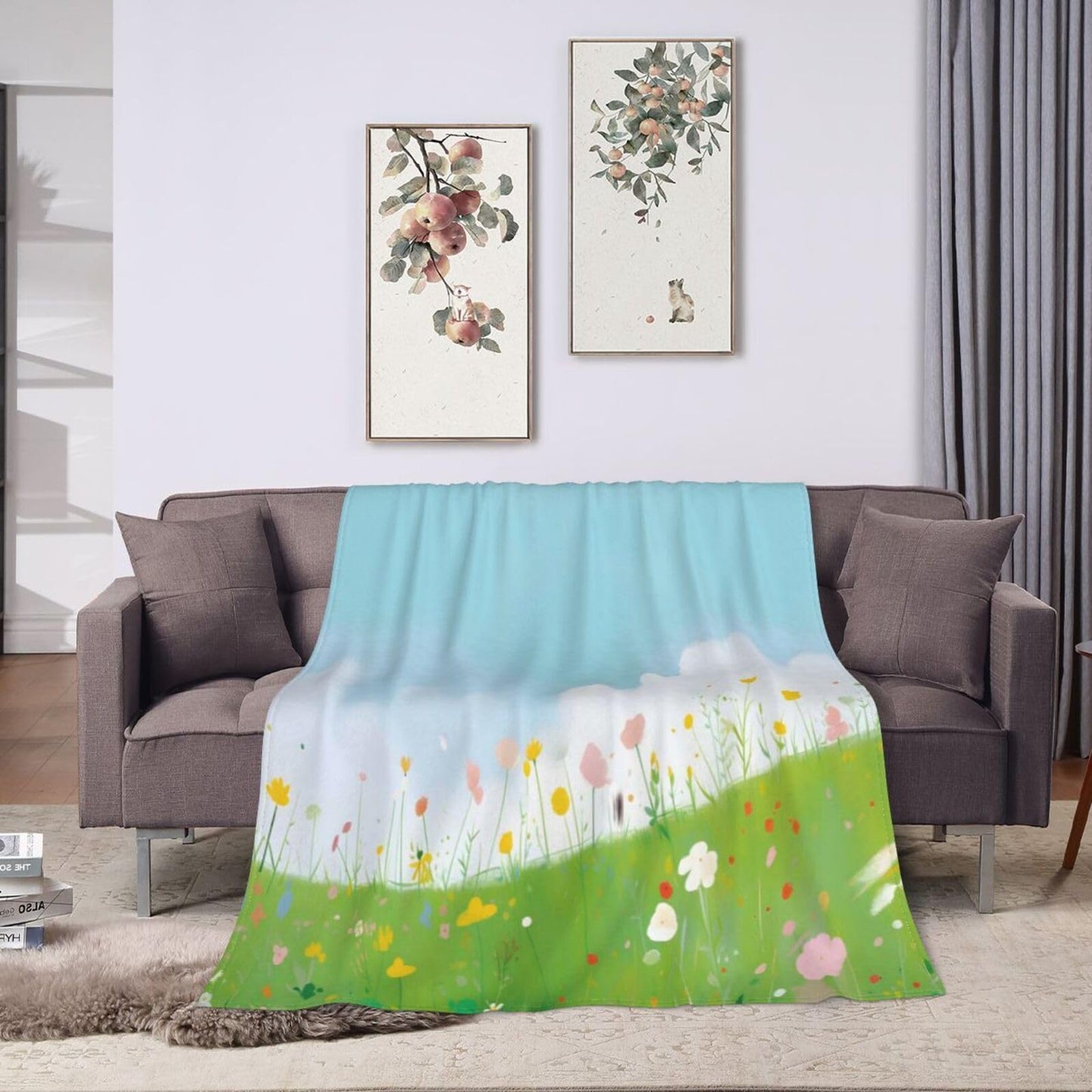 Blue Sky Grassland Flowers Throw Blanket for Couch Soft Blanket for Bed Bed Sofa Decor for Living Room Bedroom 60"X50"