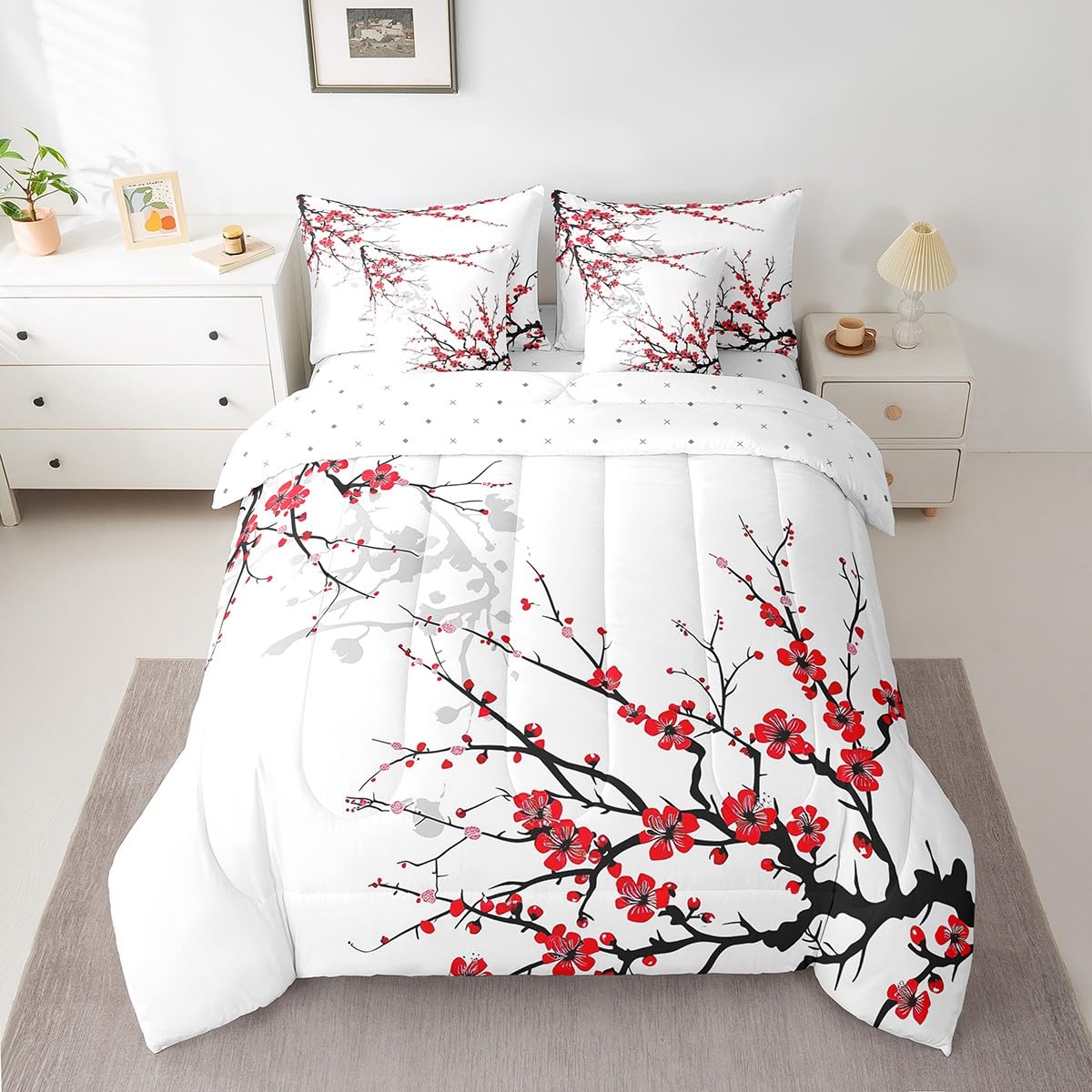 Erosebridal 7 Piece Red Cherry Blossoms Bed in a Bag for Adult Women Japanese-Style Sheet Set Nature Flower Bedding with Comforter Cherry Blossoms Romantic Theme Cushion Covers, Full Size