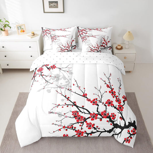 Erosebridal 7 Piece Red Cherry Blossoms Bed in a Bag for Adult Women Japanese-Style Sheet Set Nature Flower Bedding with Comforter Cherry Blossoms Romantic Theme Cushion Covers, Full Size