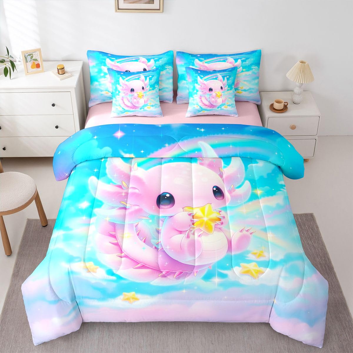 Erosebridal Dreamy Axolotl Queen Bedding Set for Kids Girls Teens Cute Axolotl Comforter Set with Flat and Fitted Sheet Cartoon Stars Blue Sky 7-Piece Bed in a Bag Rainbow Colorful Cloud Quilt Sets