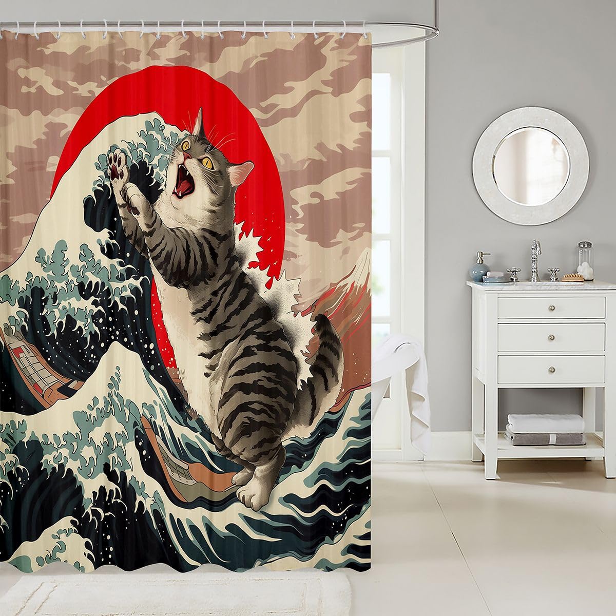 jejeloiu Japanese Wave Shower Curtain for Bathroom Decor Ukiyoe Theme Bath Curtain for Stalls Bathtubs Hokusai Pattern Bathroom Accessories Waterproof Polyester Fabric with 12 Hooks 72"x72"