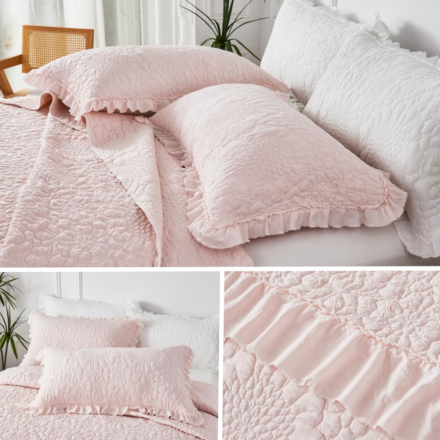 WINLIFE Pink Ruffled Quilt Set 3pcs, Queen Size 90''x98'' Stone Washed Crinkled Quilt Set with Pillow Shams, Lightweight Microfiber All Season Bedspread Coverlet for Farmhouse Shabby Chic Bedroom