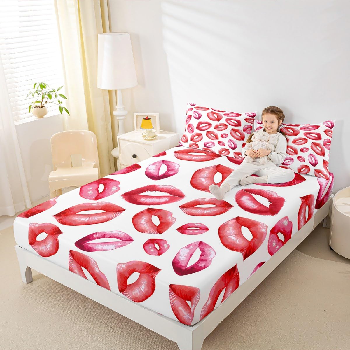 Feelyou Sexy Lips Bed Sheet Set for Girls Woman Kiss Fitted Sheet Feminine Red Lips Bedding Set Lipstick Print Bed Cover Luxury Bedroom Decor 3Pcs Sheets Queen Size Red White