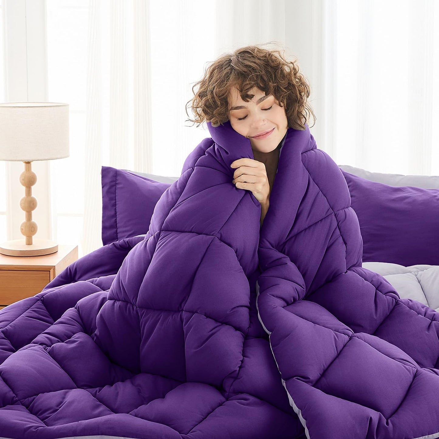 MUXHOMO 7 Pieces California King Comforter Set, Reversible Bed in a Bag Cal King Size, All Season Bedding Set with Comforter, Flat Sheet, Fitted Sheet, Pillowcases & Shams, Purple & Lavender