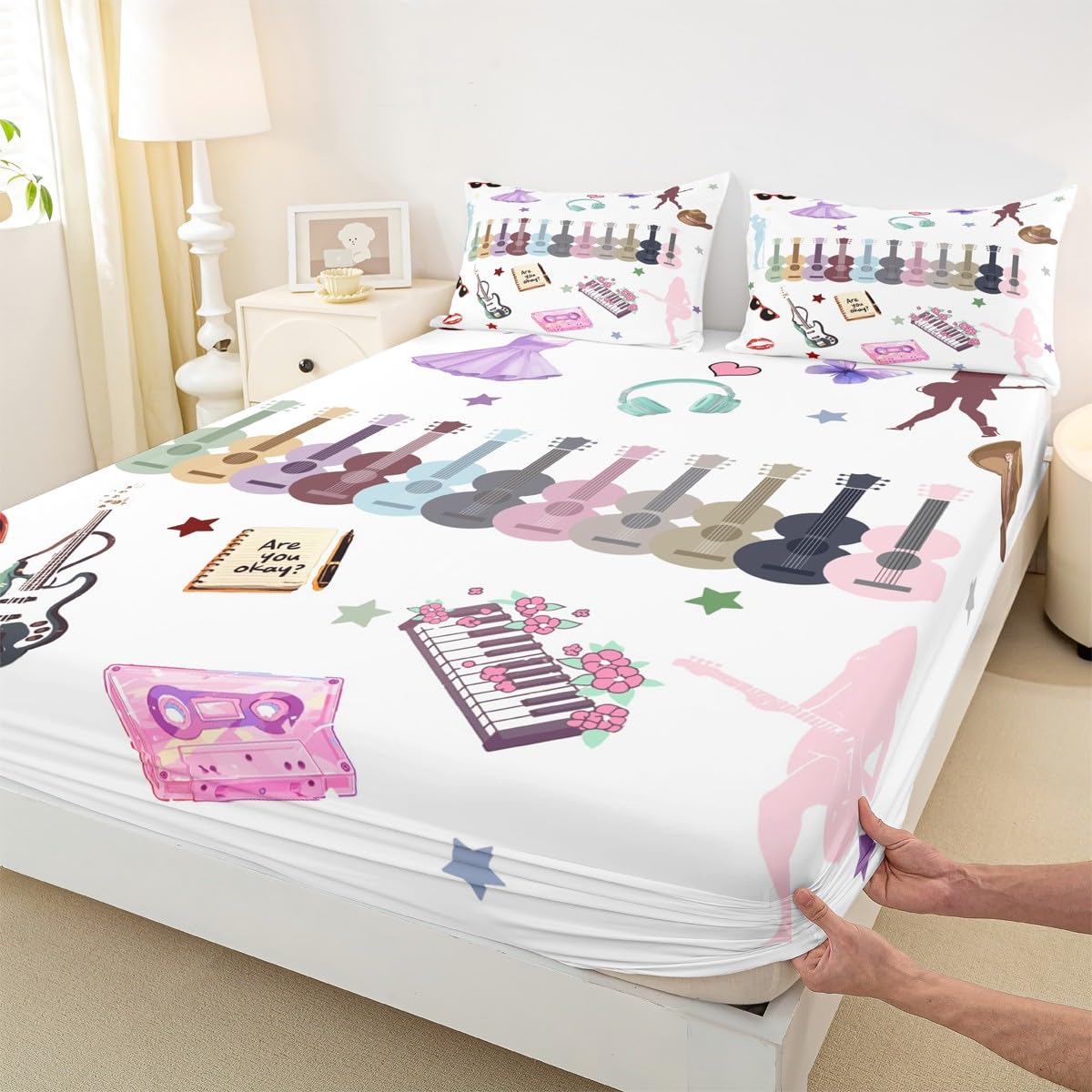 Erosebridal Music Lovers Bed Sheets Set King Music Theme Sheet Set Singer Fans White Sheets Fashion Birthday Valentines Day Gift Flat Fitted Sheet