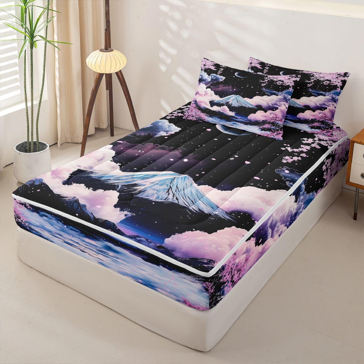 Erosebridal Japanese Cherry Blossom Zip Up Bedding Comforter Sets Twin Size, Japanese Style Comforter in One Zipper - Japan Mount Fuji Bedding Set with Pillowcases