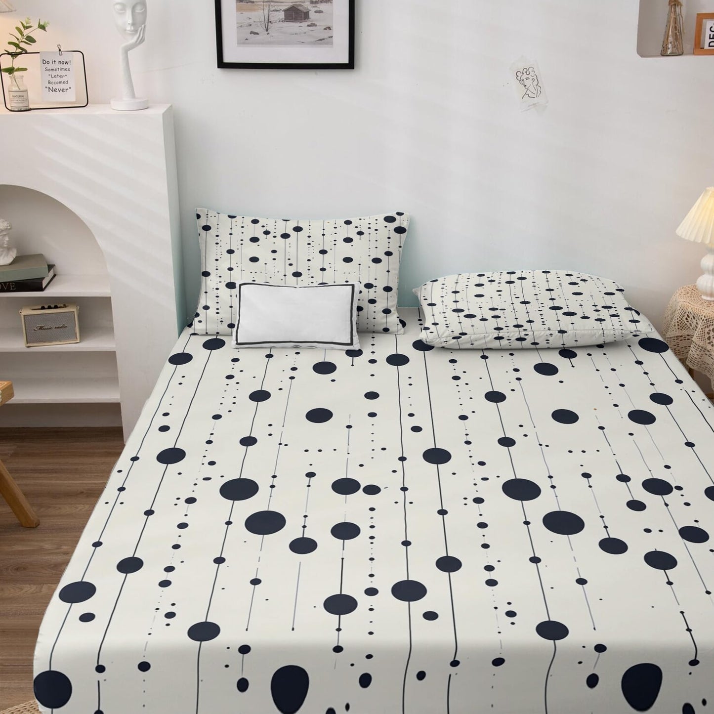 Polka Dots Sheets Full Size, Striped Bed Sheets, Patterned Bedding Sheets & Pillowcases 4 Piece Set - Soft Microfiber Deep Pocket Fitted Sheet & Flat Sheet & 2 Pillow Cases M&-A243