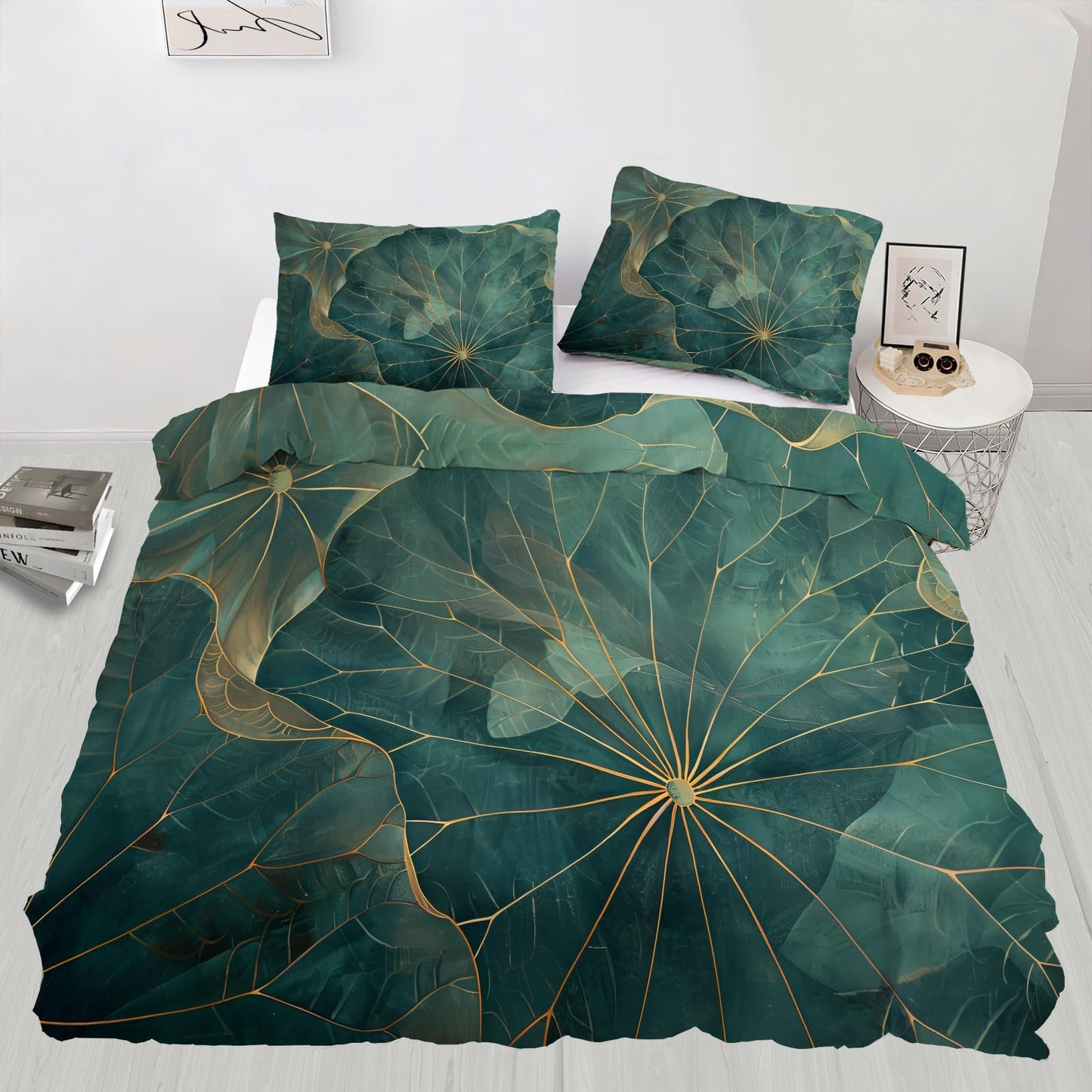 ZAMODE Lotus Leaf Duvet Cover Oversized King Size, Natural Botanical Leaves Comforter Cover 120" x 98", Green Plant Bedding Set with 2 Pillowcases
