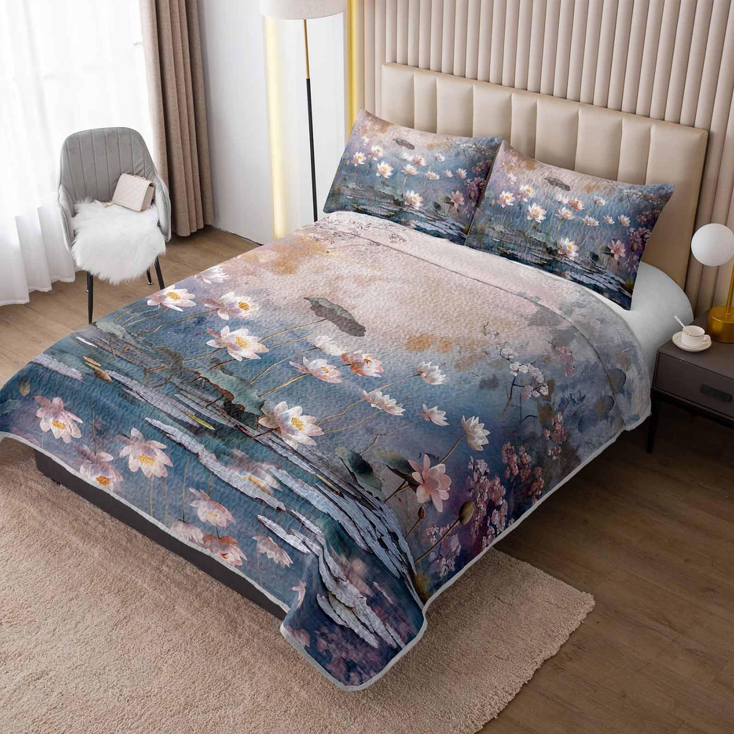 AILONEN King Quilted Comforter 3-Piece Set, Aesthetic Lotus Pond Bedspread Coverlet with 2 Pillowcases, Soft Zen Painting Bedding for Adults Luxury Suite Large Size Floral Impressionist