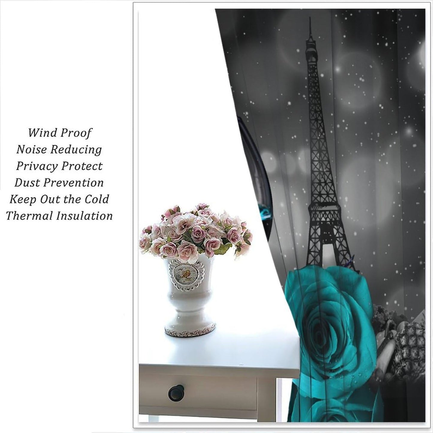 wlsgdsg Wine Curtains for Kitchen,Romantic Farmhouse Kitchen Fruit Cyan Rose Flower Candle Paris Tower Light Art Window Drapes Print for Boys Girls Bedroom Living Room 42x45in