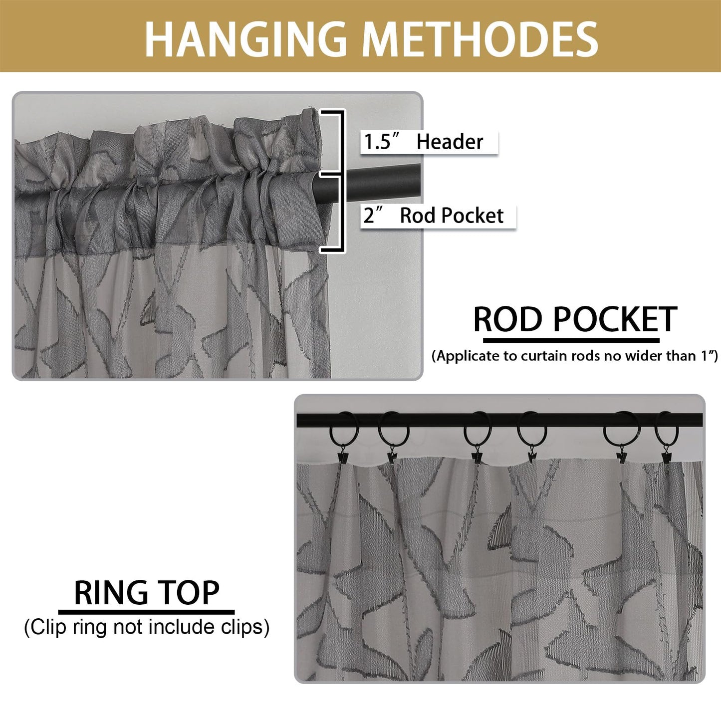 OWENIE Leyna Charcoal Gray Sheer Curtains 84 Inches Long for Living Room Bedroom 2 Panels Set, Modern Clip Jacquard Leaves Textured Light Filtering Curtains, Double Rod Pockets Drapes, 40Wx84L Inch