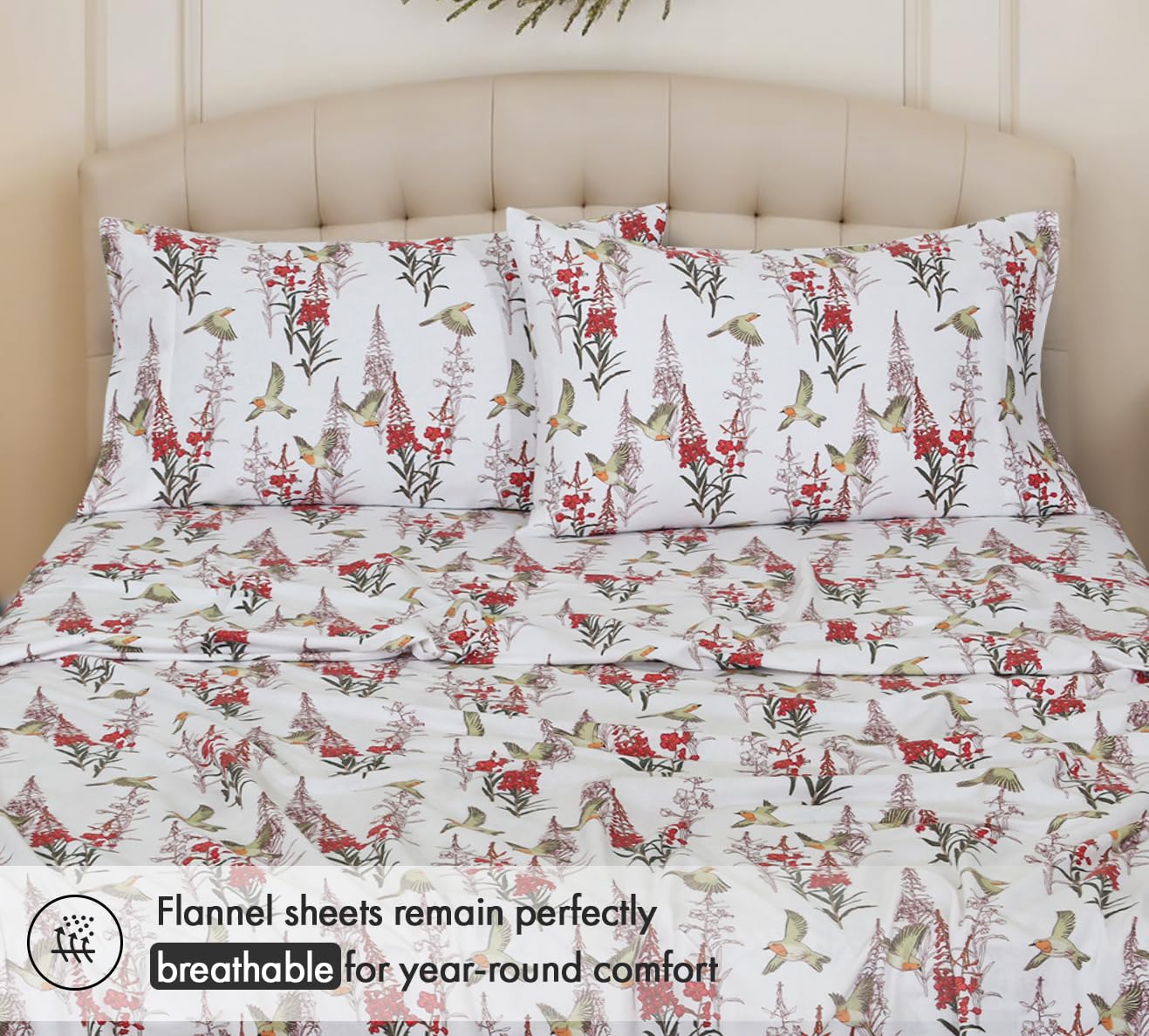RUVANTI Flannel Sheets Queen Size - 100% Cotton Double Brushed Bed Sheets, Deep Pockets 16 Inches Queen Sheet Set, All Seasons Breathable & Extra Soft - Warm & Cozy, 4 Piece, Garden Song