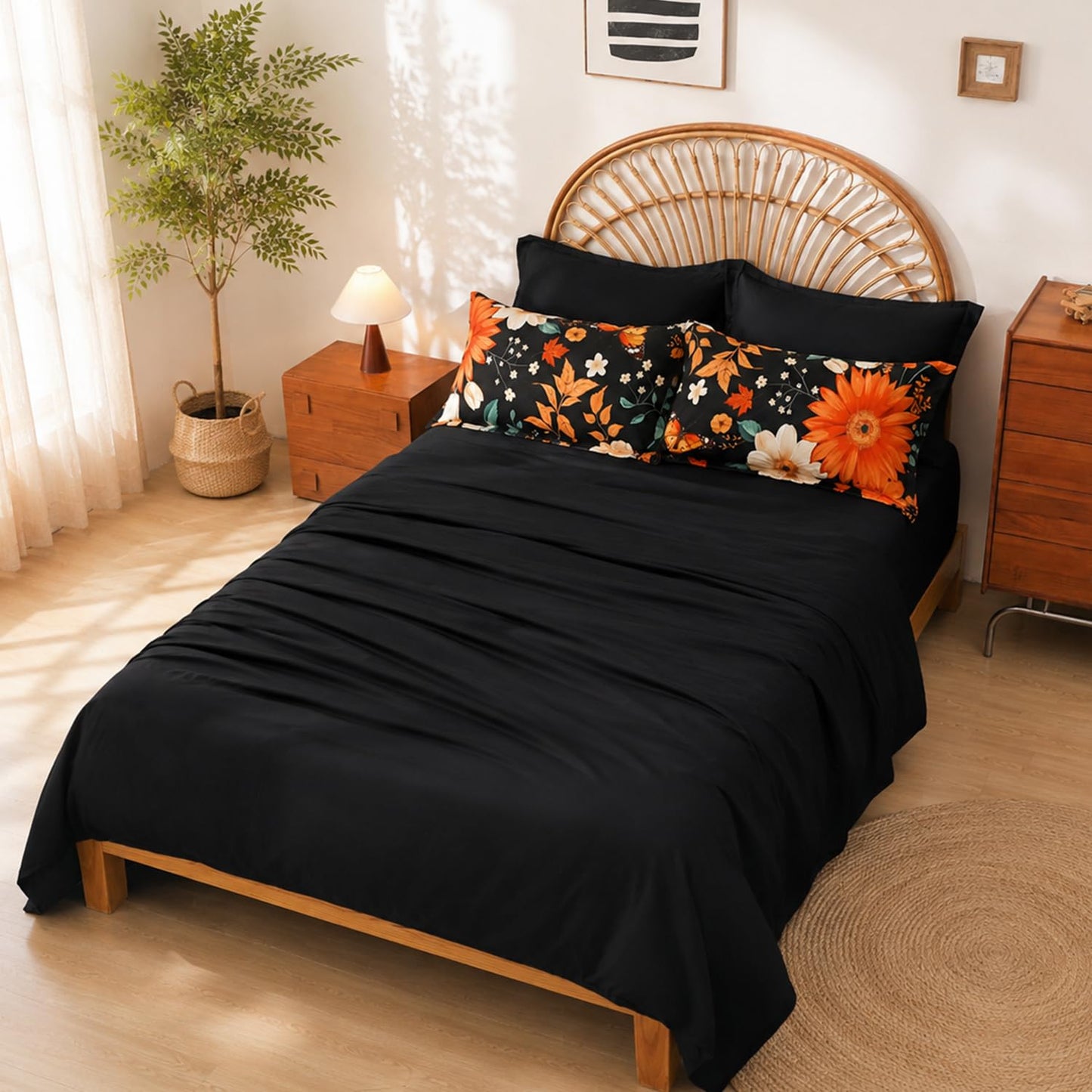KOTTOMFY Extra Fluffy All Season Comforter Set, Floral 7 Piece Bed in a Bag Queen Size for Bedroom Guest Room Dorm Apartment