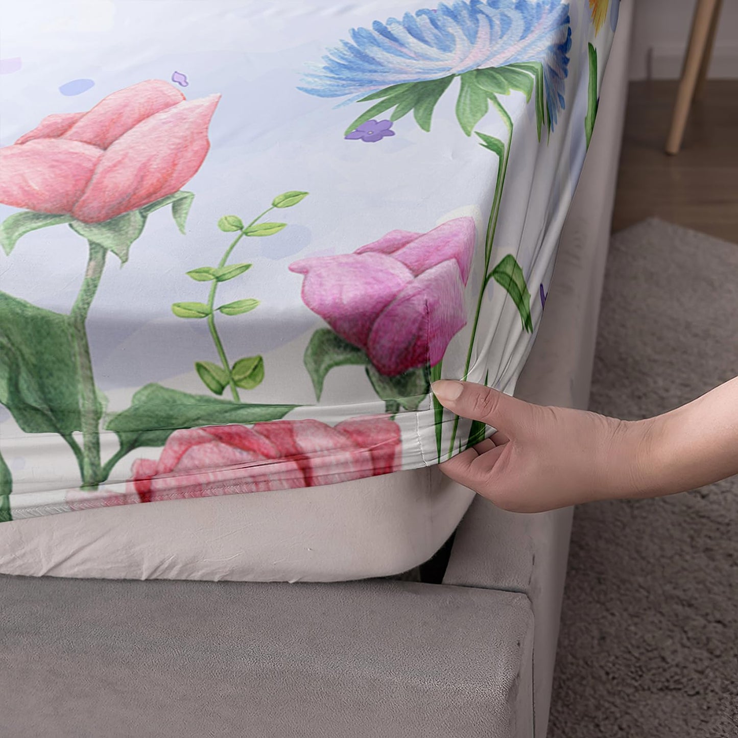 AILONEN Butterfly Bedding Set Twin Size Blue Pink Flower Fitted Sheets 3 Pieces Set Purple Lavender Sheet for Kids Girls Bedroom Decor Breathable Fitted Sheet and 2 Pillowcases