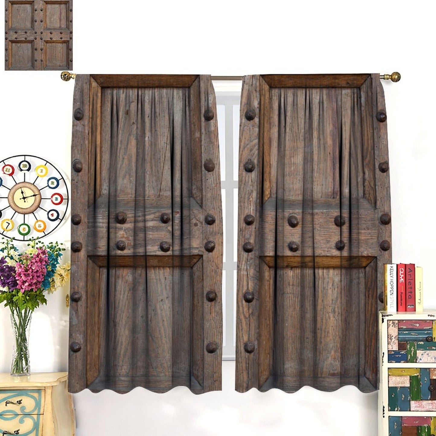 Nanacur Vintage Wood Door Curtains, Rustic Wooden Barn Farmhouse Home Rod Pocket Window Treatment for Bedroom Living Room Kitchen Drapes 41" W X 45" L (No Blackout)