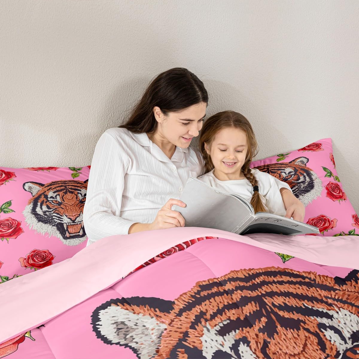 Erosebridal Tiger Comforter Set Twin Size Kawaii Wildlife Bedding Set for Kids Girls BoysSafari Jungle Animal Comforter Pink Roses Flowers Quilt Bedroom Decor