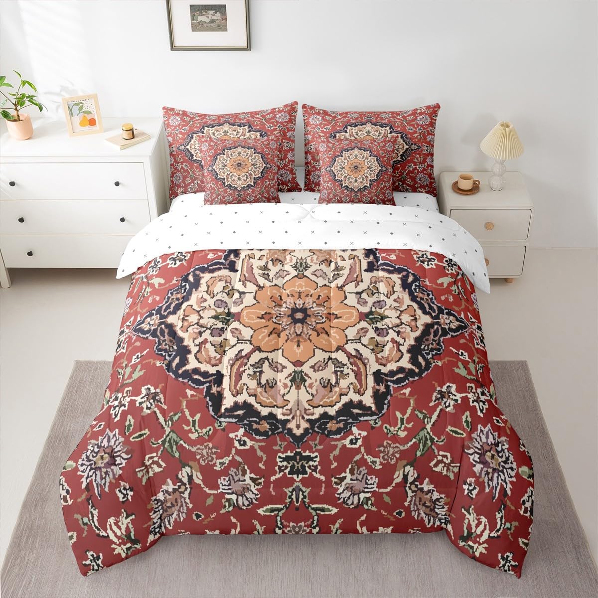 jejeloiu Retro Floral Boho Comforter Set with Sheets 7 Piece Twin Size Boho Bed in a Bag Kids Boys Girls Western Decor Bedding Set Bedroom Decor Breathable Soft Lightweight Microfiber