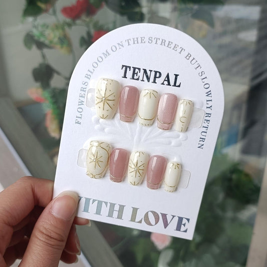 TENPAL Moroccan Tile Boho Pink Cat Eye Press on Nails Medium,Hand Painted Acrylic Coffin Nails, Handmade Acrylic Retro Vintage Glue on Nails for Women Girls,Cultural Nail Designs False Nails Tips(XS)