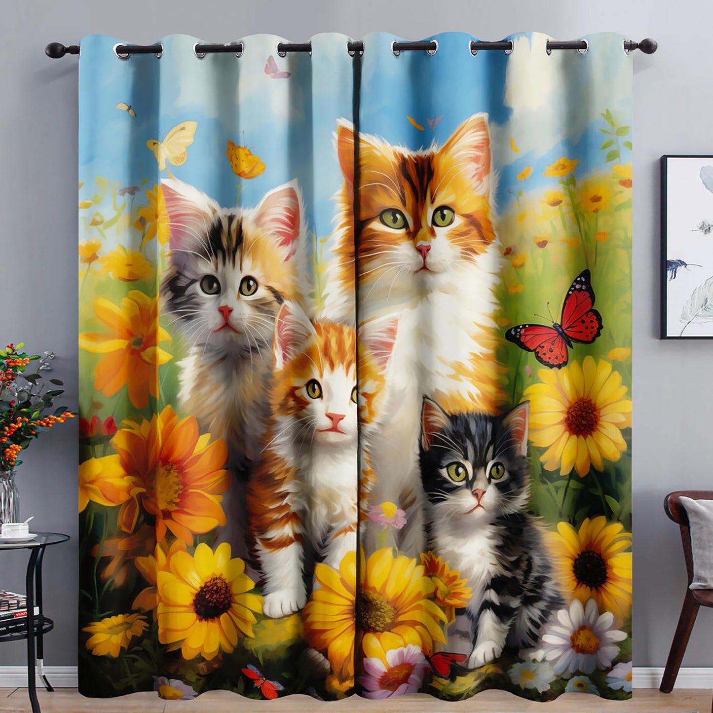 AILONEN Kids Cute Cat Window Curtain,Kawaii Kitten Curtain Tiers for Bedroom,Cat Lover's Animal Sunflower Design Window Treatments Drapes for Kids Girls, 42" W x 63" H (2 Panels)