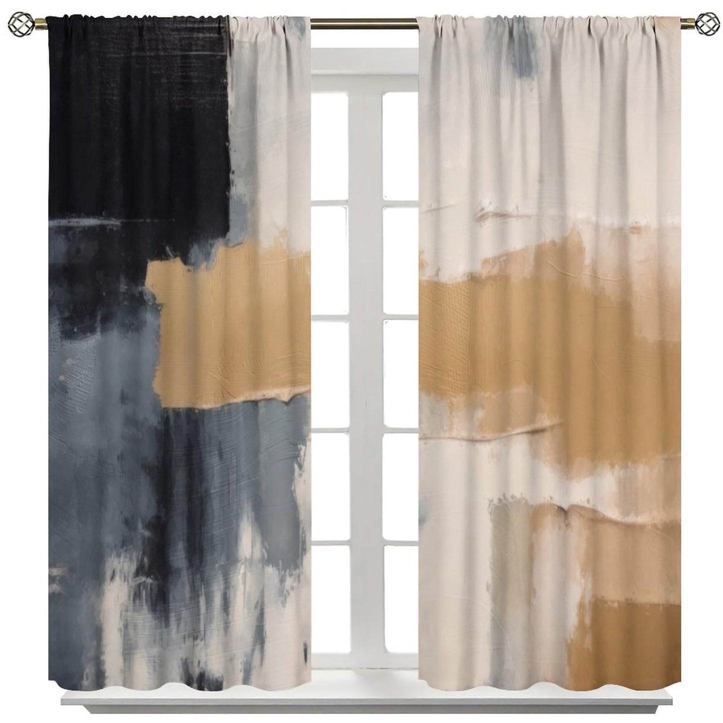 Abstract Black Beige Gray Curtains, Rod Pocket Taupe Tan Neutral Art Painting Modern Window Drapes for Living Room Bedroom, 20.5" W x 44.5" L, 2 Panels （No Blackout）