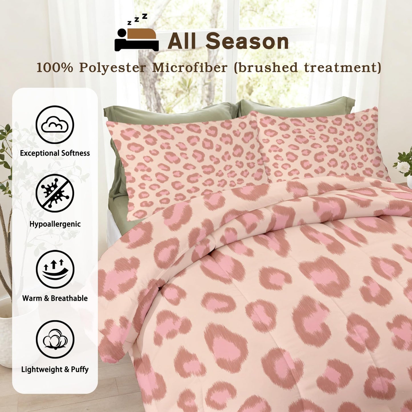 Leopard Print Comforter Set King Size 3Pc, Animal Printed Animal Pattern Down Alternative Bed Comforter, 2 Pillow Shams, Soft All Season Bedding, Leopard Print Bedroom Decor