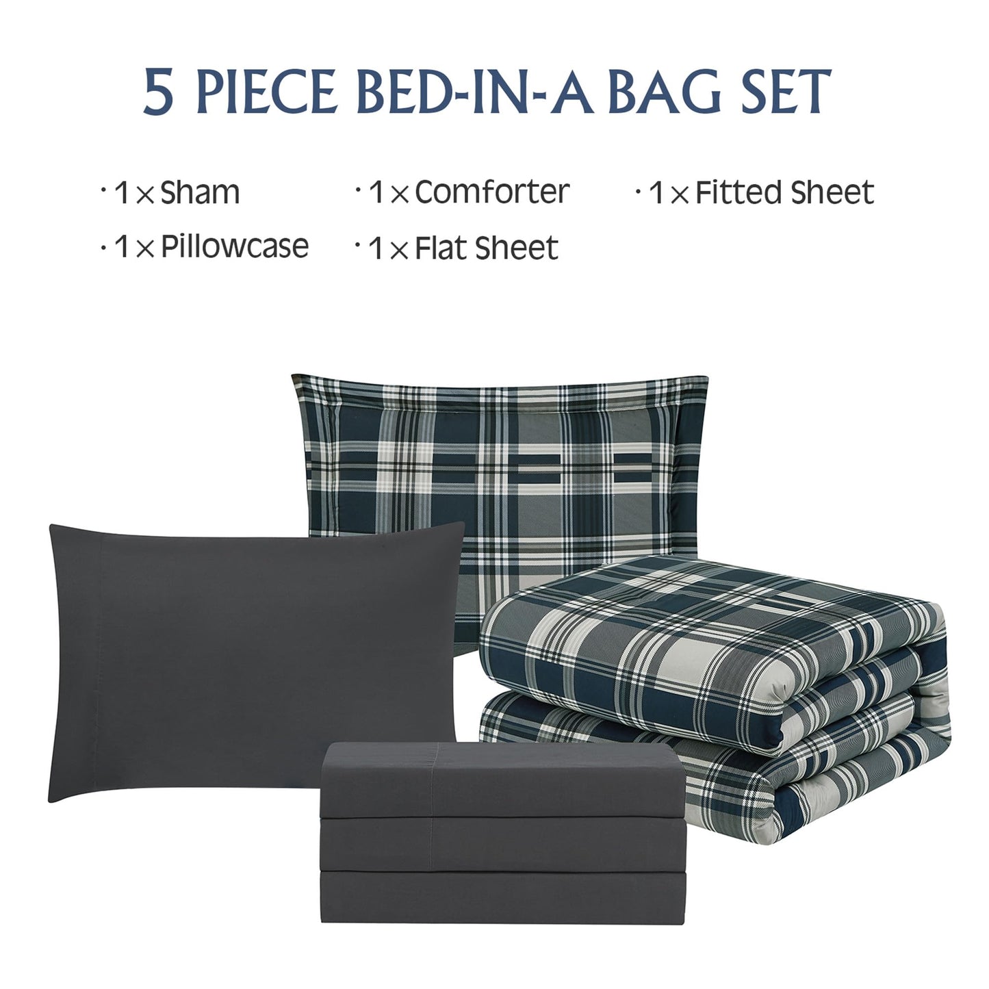 MaiRêve Navy Blue Twin XL Comforter Set, Twin XL Bedding Sets for Boys Girls 5 Pieces for Dorm Farmhouse All Season Lightweight &Comfy with Fitted Sheet, Flat Sheet (Navy Blue, Twin XL, 66"x90")